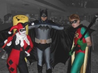 Villainous henchwoman Harley Quinn, Batman, and sidekick Robin.